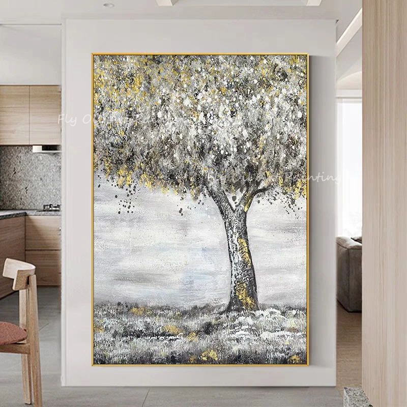 

Large Size 100% Handpainted gold foil tree forest landscape art simple with grey canvas oil painting for home living room gift