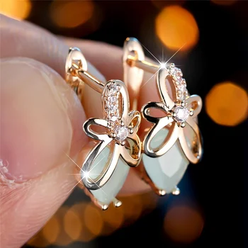 Charm Female White Zircon Stone Flower Hoop Earrings Luxury Gold Color Wedding Jewelry For Women