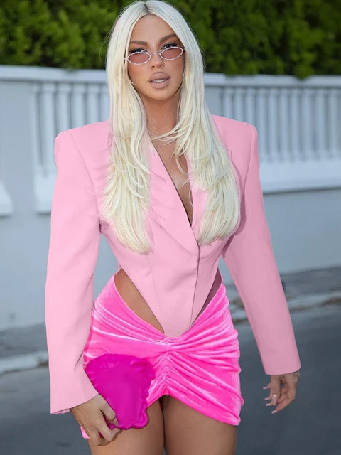 

Backless Buttons Pads Pink Turndown Neck Long Sleeve Sexy Slim Bodysuit 2023 Winter Women Fashion Vacation Party Romper