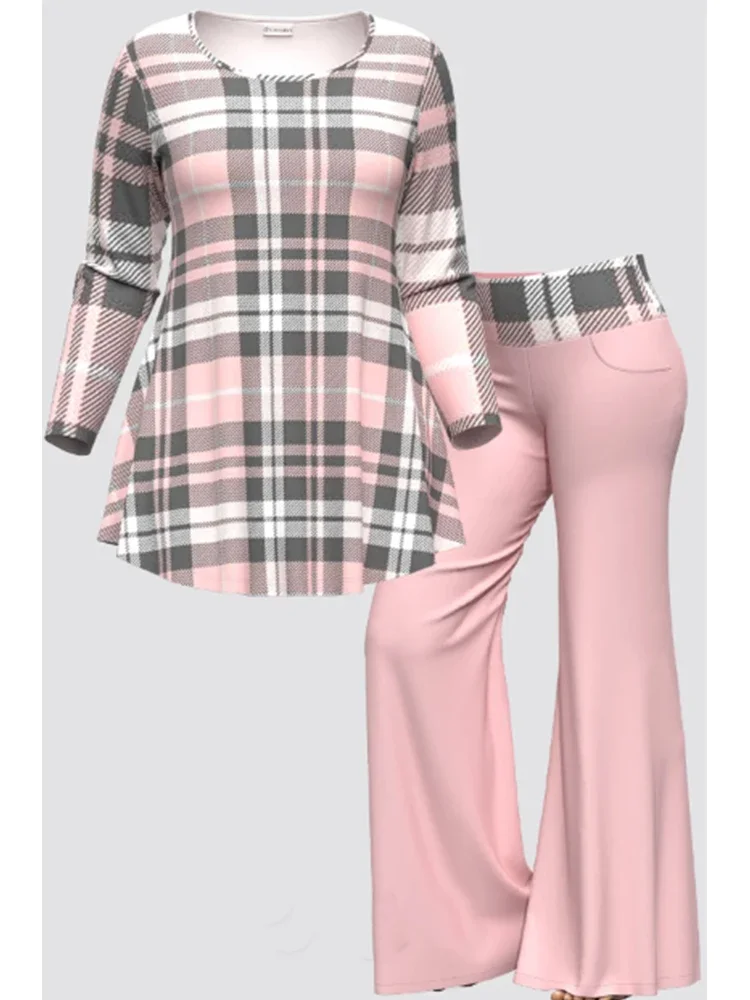 2 Piece Set Women's Casual Matching Set Plus Size Plaid Print Long Sleeve Round Neck Top and Flared Leg Pants Outfits 2024