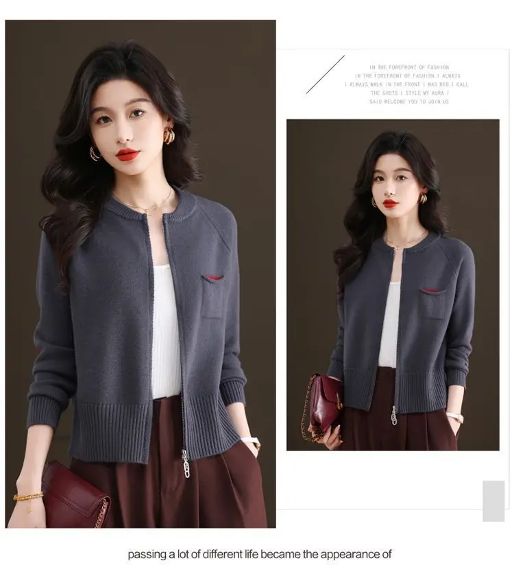 Frühling Herbst Frau Kleidung Zipper Kurze Tops Weibliche Stricken Woolen Pullover Jacke Mode Oansatz Langarm Jumper Mantel – Detail 15