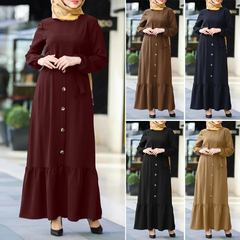 

Пуловер с круглым вырезом, мусульманское платье Jilbab Abaya с длинным рукавом, однотонное модное мусульманское платье Рамадан, Abayas, женская одежда