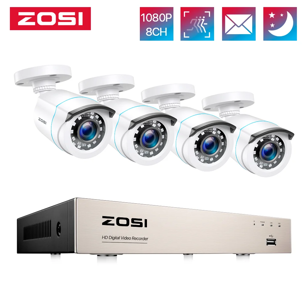 ZOSI Home Security System H.265+ 8CH DVR 4/8pcs 2.0MP 1080p Night Vision Outdoor Surveillance