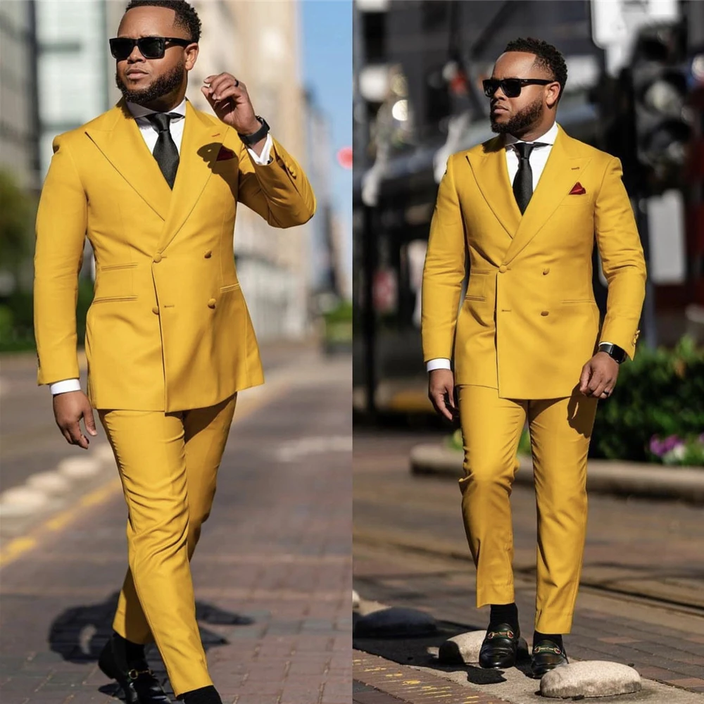 

Fashion Yellow Double Breasted Suit Mens Gentleman Business Blazer Wedding Groom Tuxedo 2 Piece Set Jacket Pants Terno Masculino