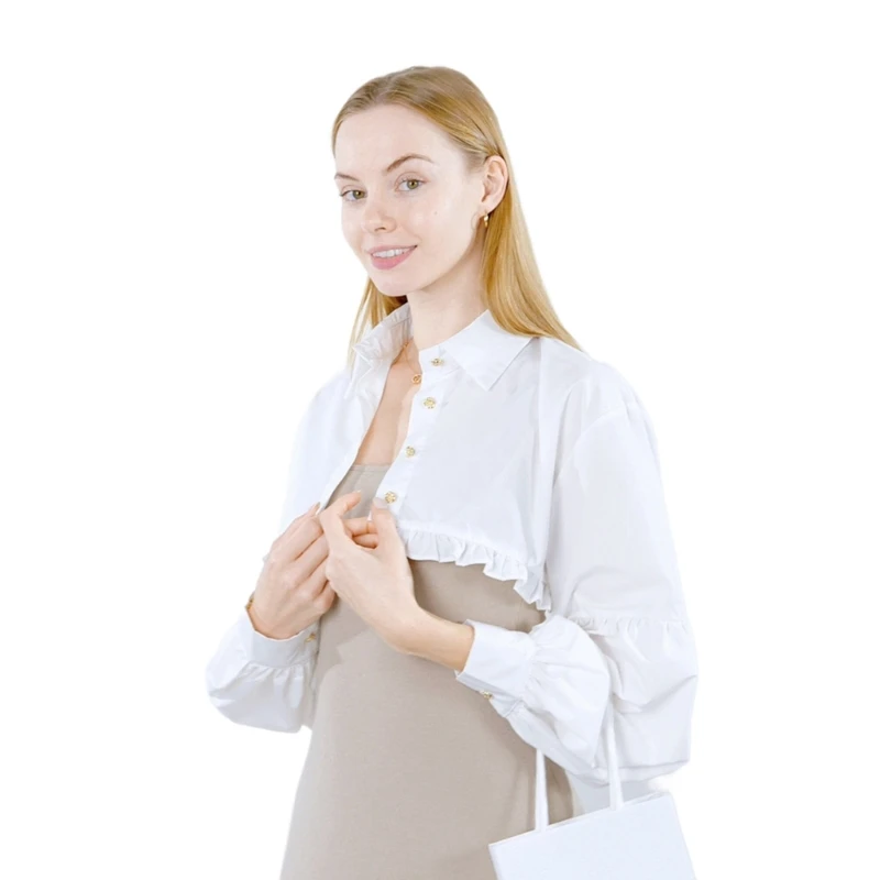 Women Puff Long Sleeve Short Crop Top Ruffle Trim Button Up False Collar N7YF