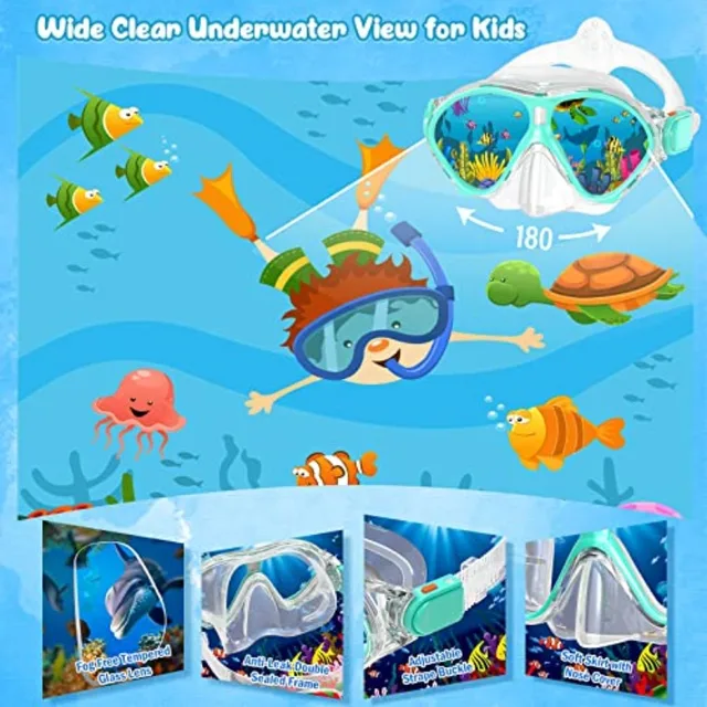 Snorkel Set, Mask Fins Snorkeling Gear for Anti-Fog Swim Goggles 180 Panoramic View Dry Top Snorkel and Dive Flippers Combo wit