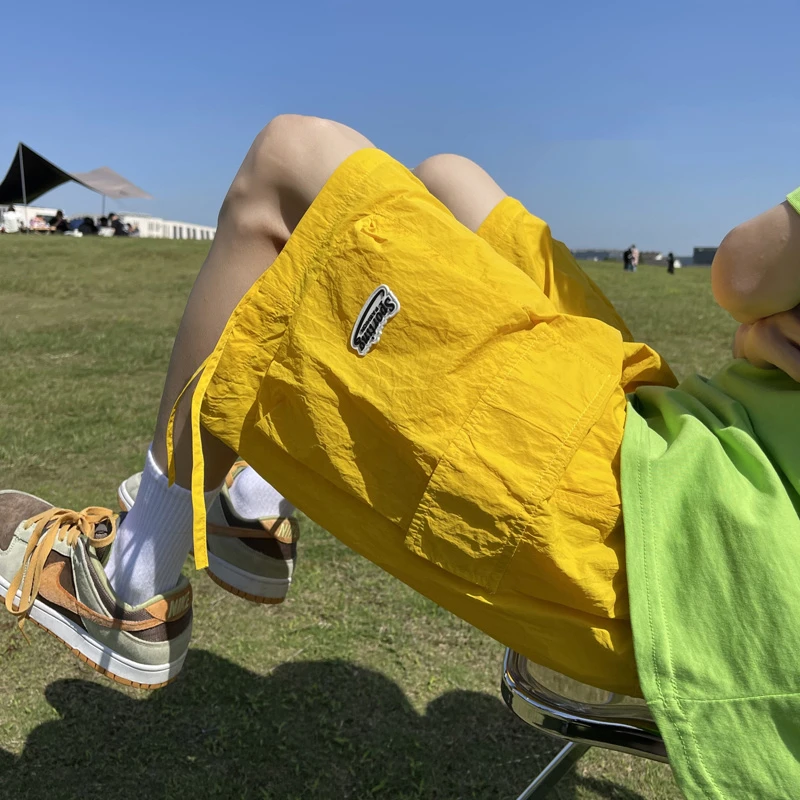 Korean Summer Men's Solid Elastic High Waisted Drawstring Pockets Loose Straight Thin Quick Drying Beach Casual Wide Leg Pants