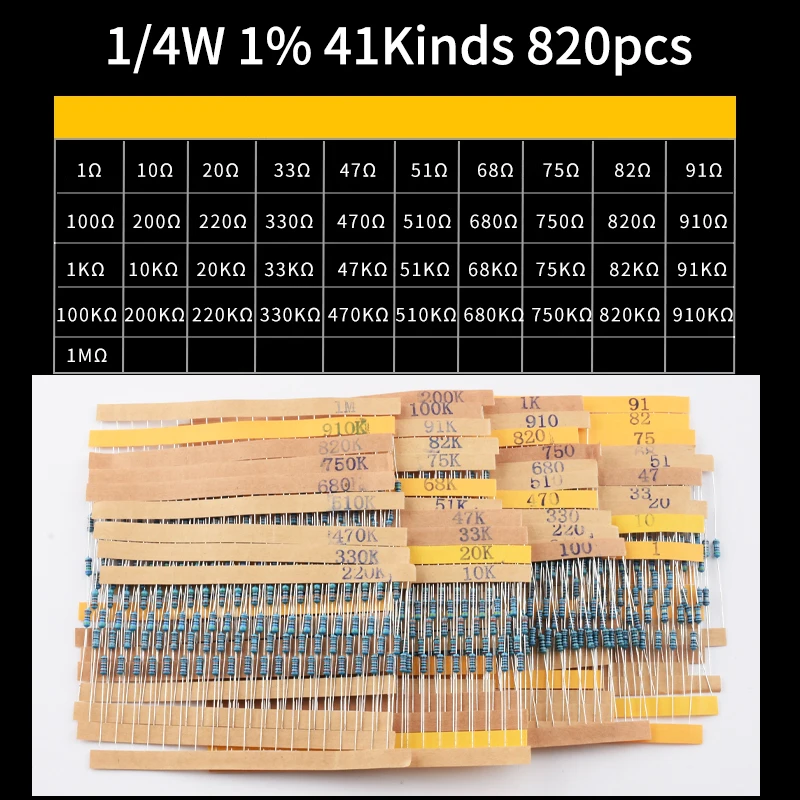 Snvi 600pcs/set 30/41 Kinds 1/4W Resistance 1% Metal Film Resistor Pack Assorted Kit 1K 10K 100K 220ohm 1M Resistors 300pcs/set