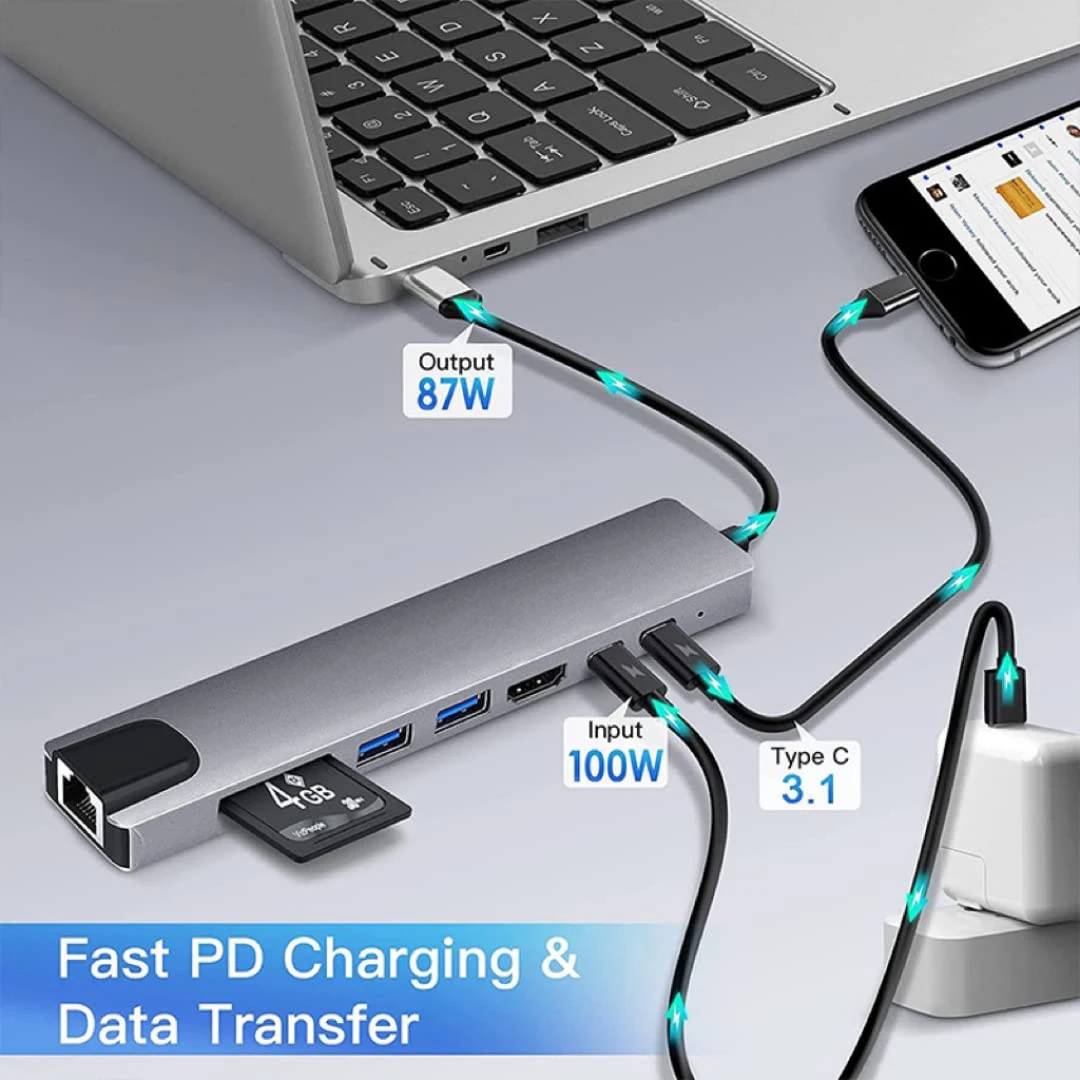 Hub Usb em tipo c a 4k Hdmi Rj45 Leitor de Cartão sd tf Carregador Rápido para Macbook Notebook Windows Laptop Computador - Imagem 2