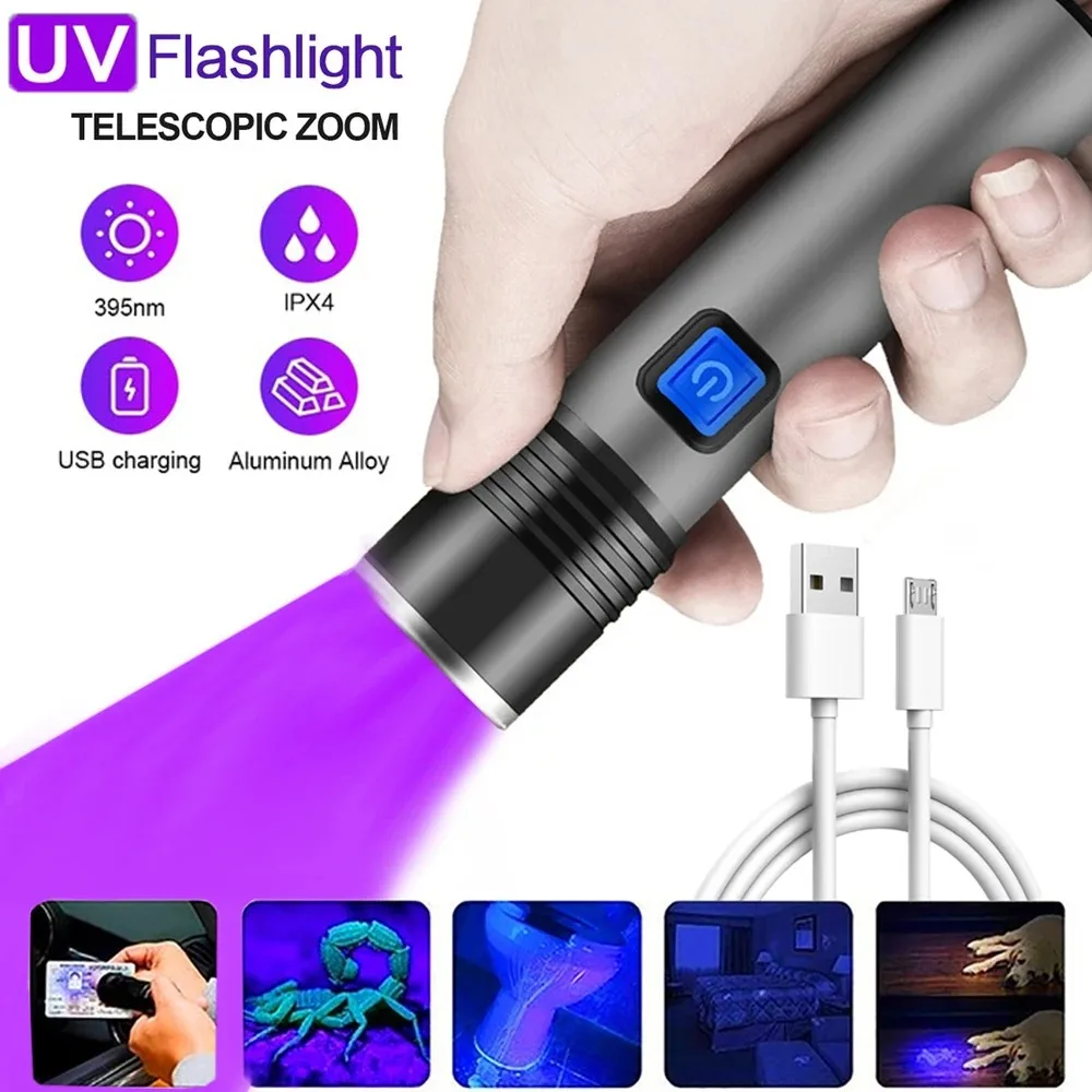 Description Picture 2 of itemUV 395nm Flashlight Zoomable IPX4 Waterproof Stonego USB Rechargeable UV Lamp Inspection Ultraviolet Torch for Pet Urine