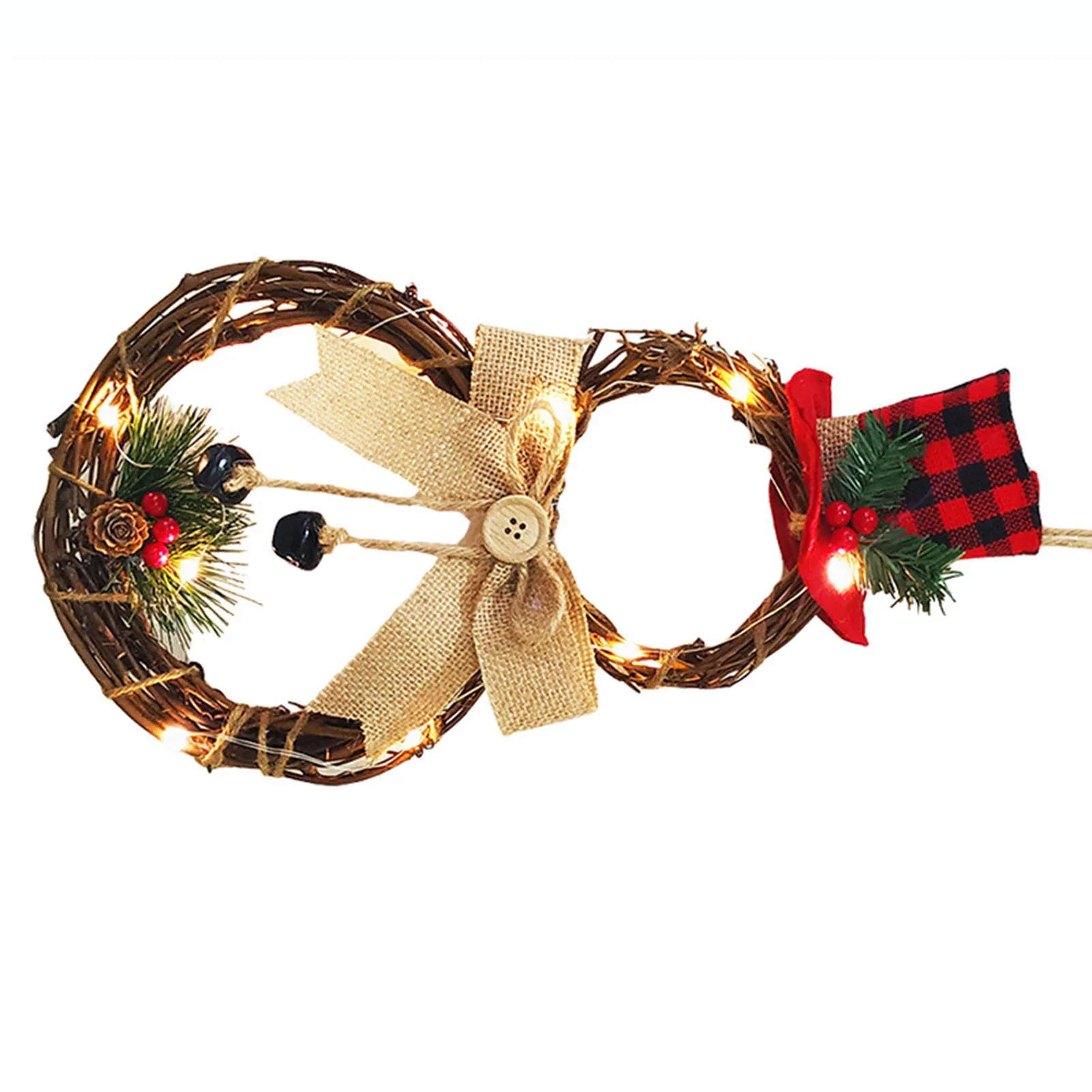 

Christmas Snowman Wreaths for Front Door Xmas Snowman Rattan Hanging Ornament with LED Light for Door Wreaths Indoor Holiday