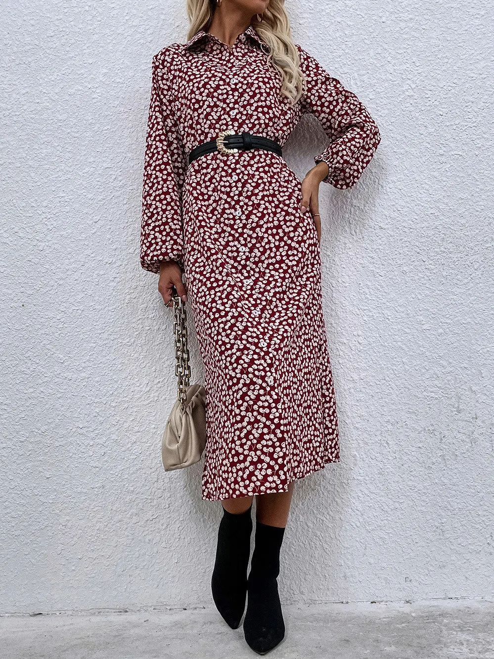 

Msfilia Women Autumn Cherry Print Lapel Long Sleeve Single Breasted Shirt Dress For Ladies Fashion All Match High Waist Dress
