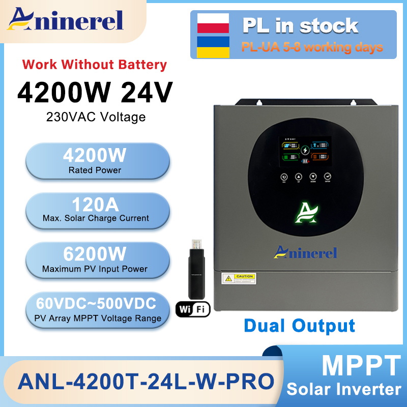  Aninerel 4.2KW 24V Hybrid Solar Inverter Dual Output Color LCD Display Off/On grid Inverter MPPT 120A PV 500VDC With WiFi 