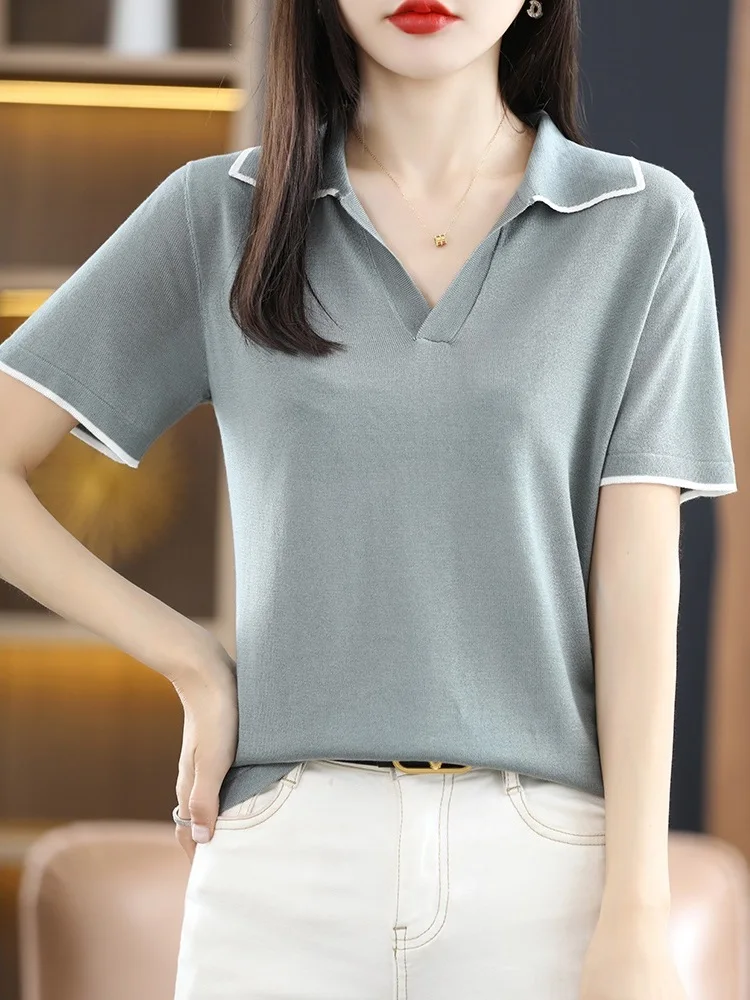

TuangBiang Summer 2022 Lyocell Polo Collar Women Pullover Short Sleeve Knitted T-Shirt Female Cotton Loose Elasticity V-NecK Top