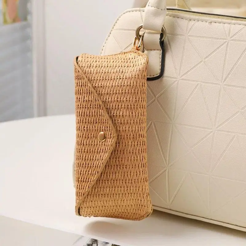 Glasses Case Holder Soft Box Woven Straw With Hook Glasses Pouch For Contact Lenses Purse Car Desk Nightstand Drawer Travel