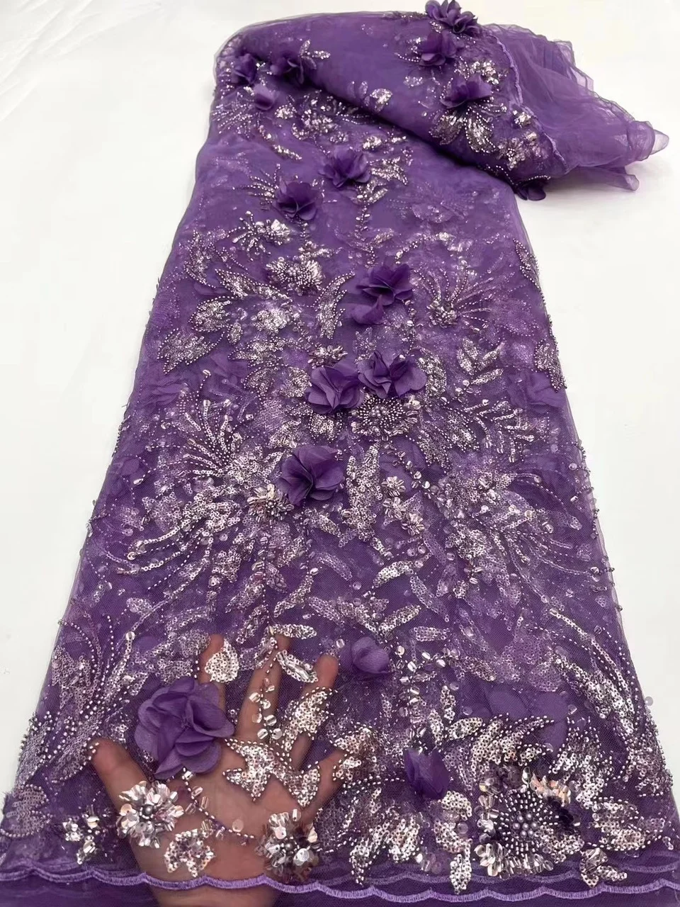 

3D Flowers French Nigerian Beads Laces Fabrics High Quality Tulle African Sequins Laces Fabric Wedding NFJ5549