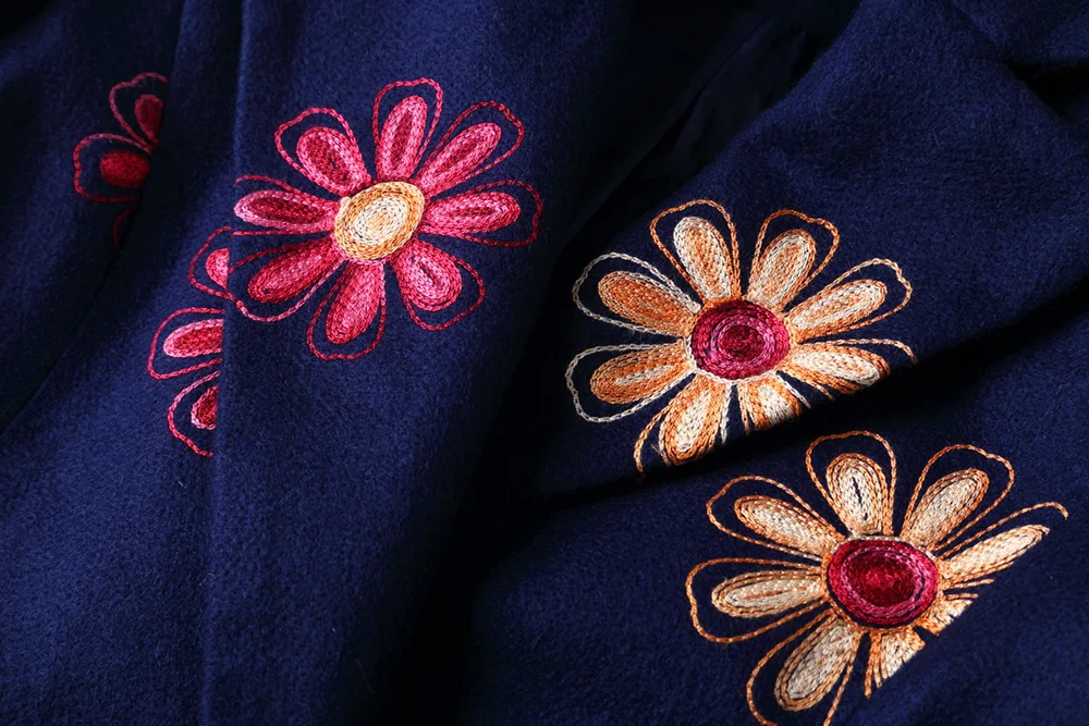 Luxury Women Winter Wool Trench Embroidery Long Coat Double