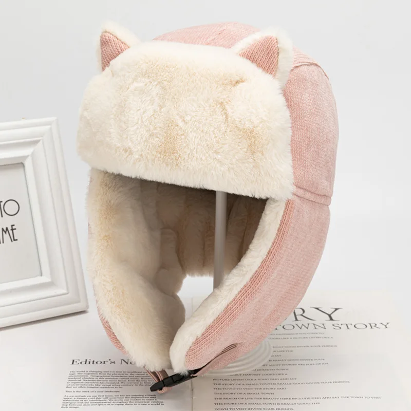 Winter Hat Fur Hat Knitted Earflap Hat Women Warm Earmuffs Thicken Wool Ear-flapped Hat Winter Cold-proof Warm Cotton Hat Cat Ears Cap Winter Unisex Russian Bonnet