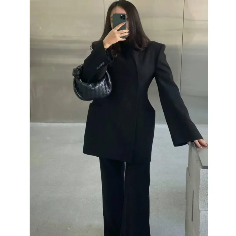 EOEN Autumn Vintage Senior Sense V-neck Big Pocket Design Waist Slimming Mid-length Suit Jacket Women 2024 New Fashion 6