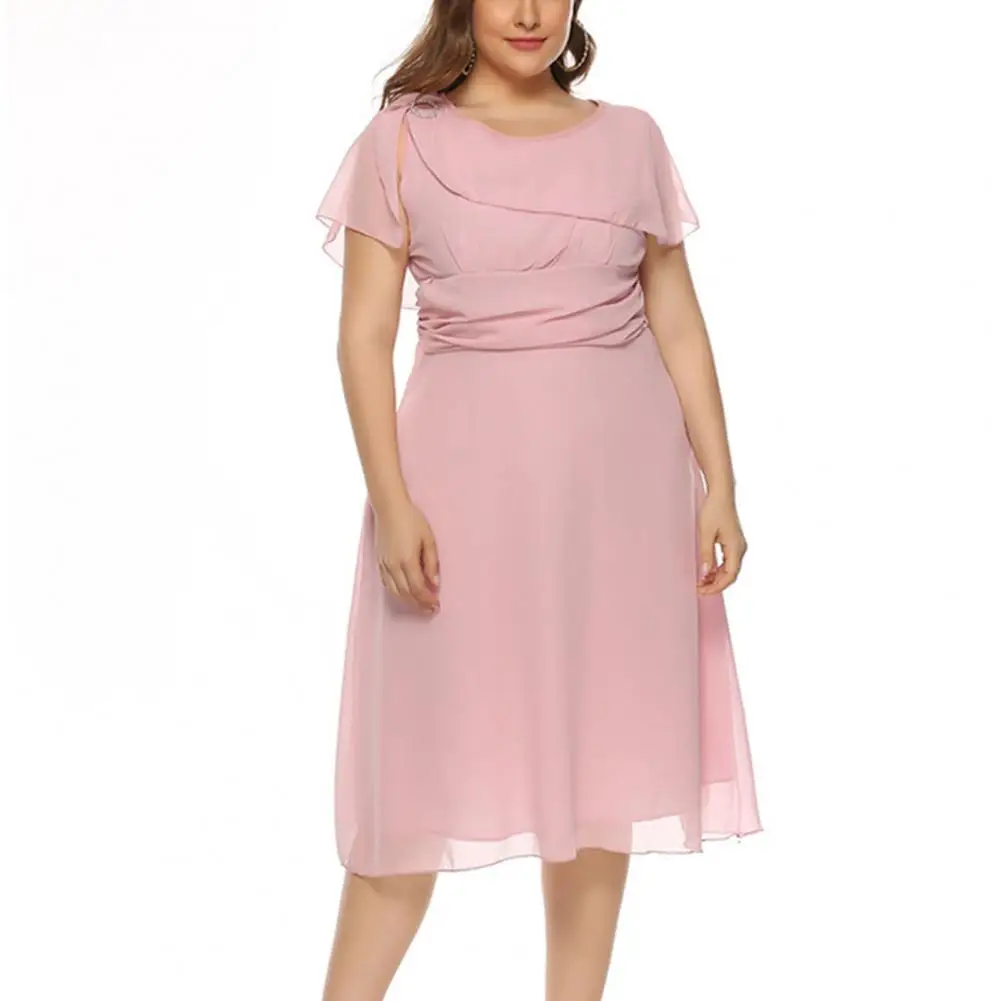 

Solid Color Dress Stylish Plus Size Women's Double Layered Sleeveless Midi Dress with High Waist Pleats Irregular for Summer