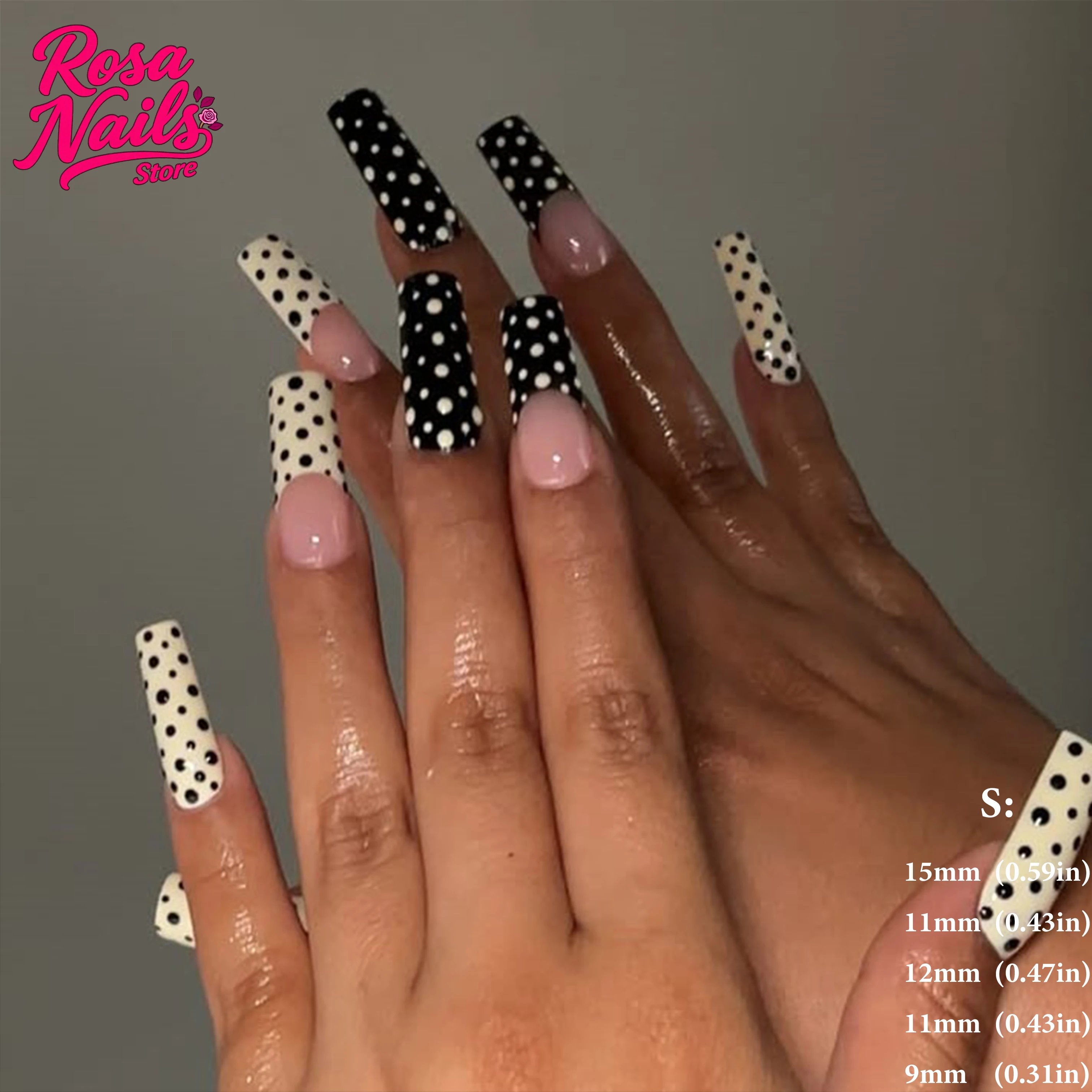 Summer Chic Polka Dot Press-On Nails with 3D Floral Accents in Pink, Yellow, and Brown French Tips