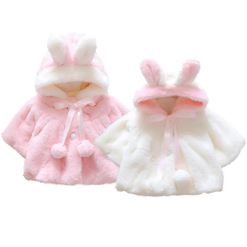0-36months baby Girl Faux Fur Coat Pearl Button Bow Cute Bunny Ear Hooded Outwear Thick And Warm Jacket
