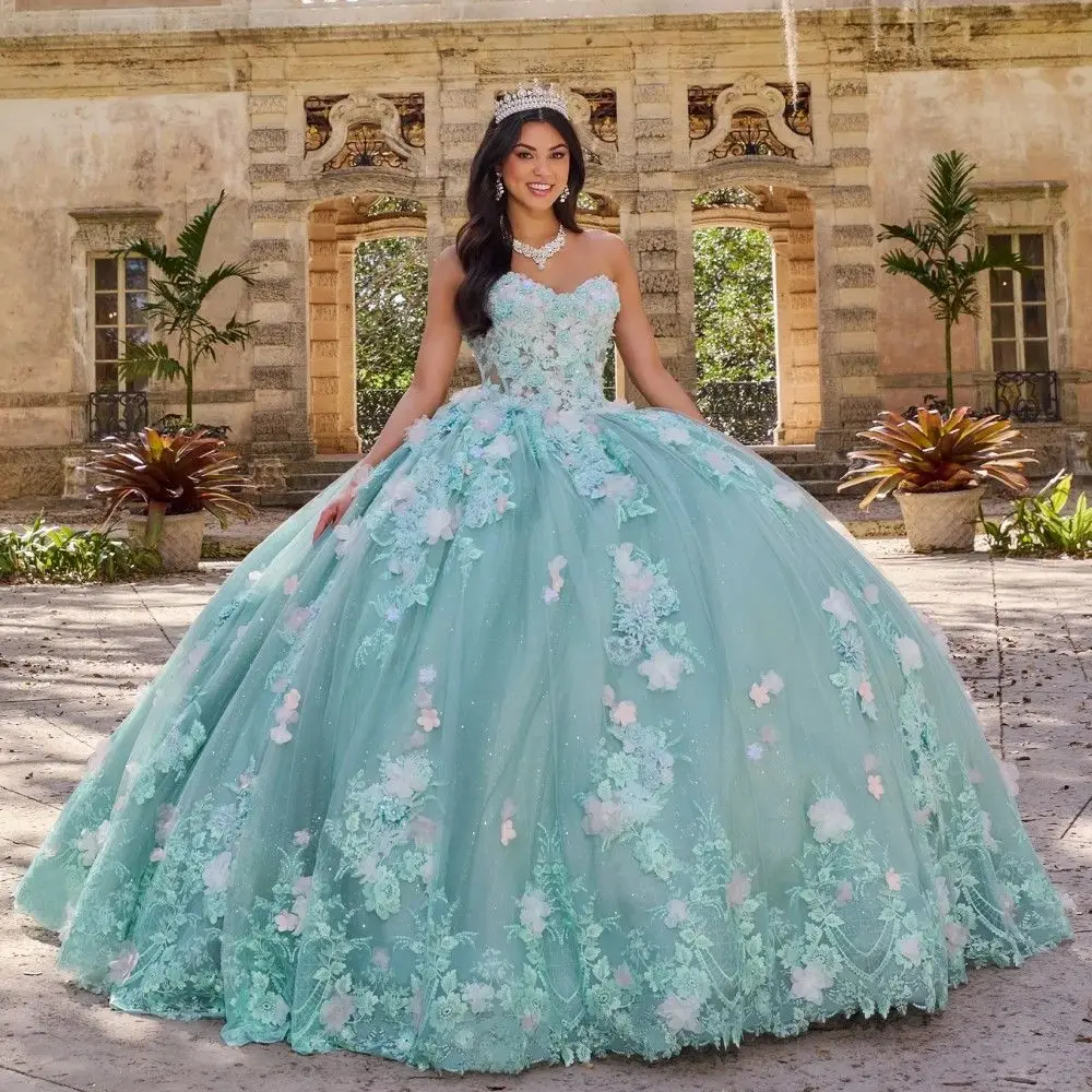 

Lorencia Sage Green Quinceanera Dress 3D Flowers Applique Beading With Cape Mexico Corset Sweet 16 Vestidos De 15 Años YQD658