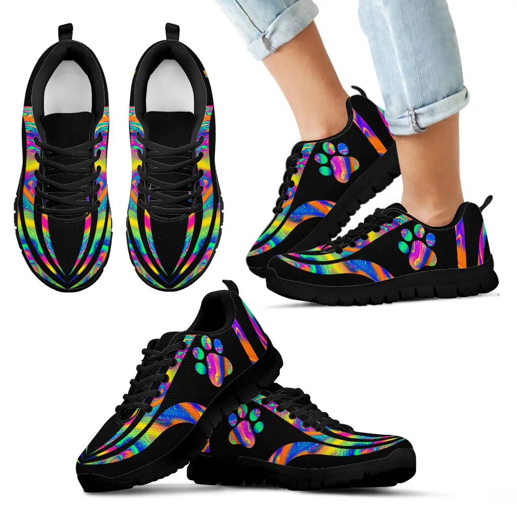 

INSTANTARTS Colorful Dog Paw Design Lace Up Sneakers for Women Comfortable Outdoor Casual Shoes Dog Footprint Print Light Flats