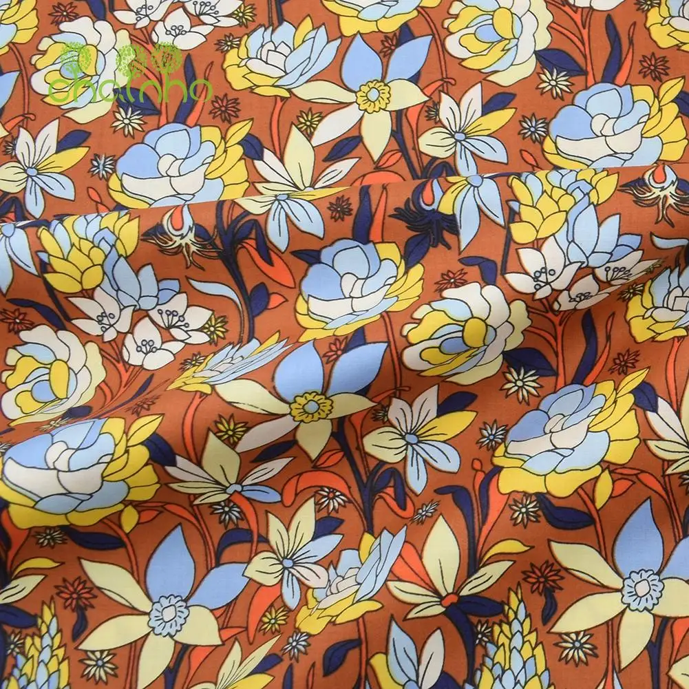Chainho,Printed Plain Weave Poplin Cotton Fabric,DIY Quilting Sewing Material,Patchwork Cloth,Floral Series,3 Sizes,15PC26