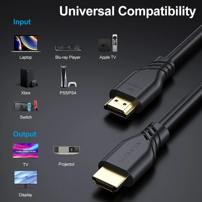 SOOMFON 2/3M Hdmi 2.1 Cable 8K 60Hz 4K 120Hz 48Gbps High Speed Hdmi Lead  for TV Xbox PS4/5 Switch Monitor Blu-ray DVD Laptop