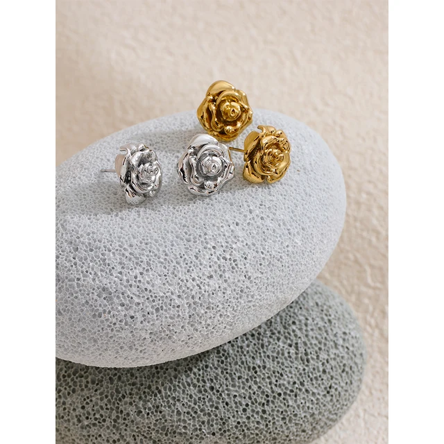Yhpup  Stainless Steel Rose Flower Waterproof Daily Stud Earrings for Women Stylish Texture Gold Color Plated Jewelry Bijoux 5