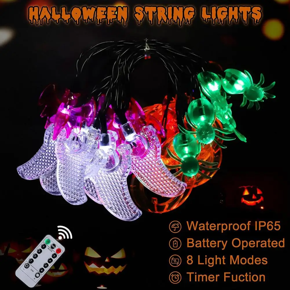 

Home Decor Spooky Halloween String Lights Remote Control Waterproof 8 Modes Battery Operated Bat Spider Pumpkin Decor Pumpkin