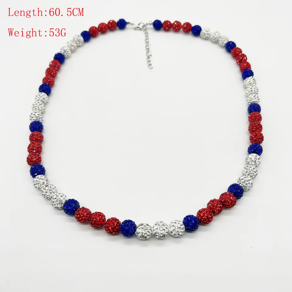 Baseball Beaded Necklace For Men & Boys - Red White Blue Rhinestone Athletic Sports Jewelry