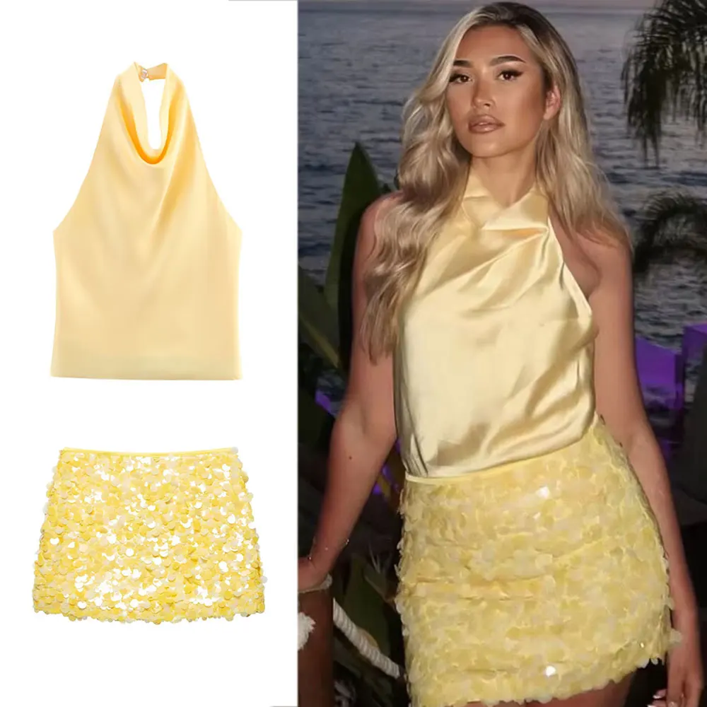 HH Women Elegant Fashion Solid Skirts Sets High Waist Slim Sequins Mini Skirt Off-Shoulder Halter Top High Street Lady Suits