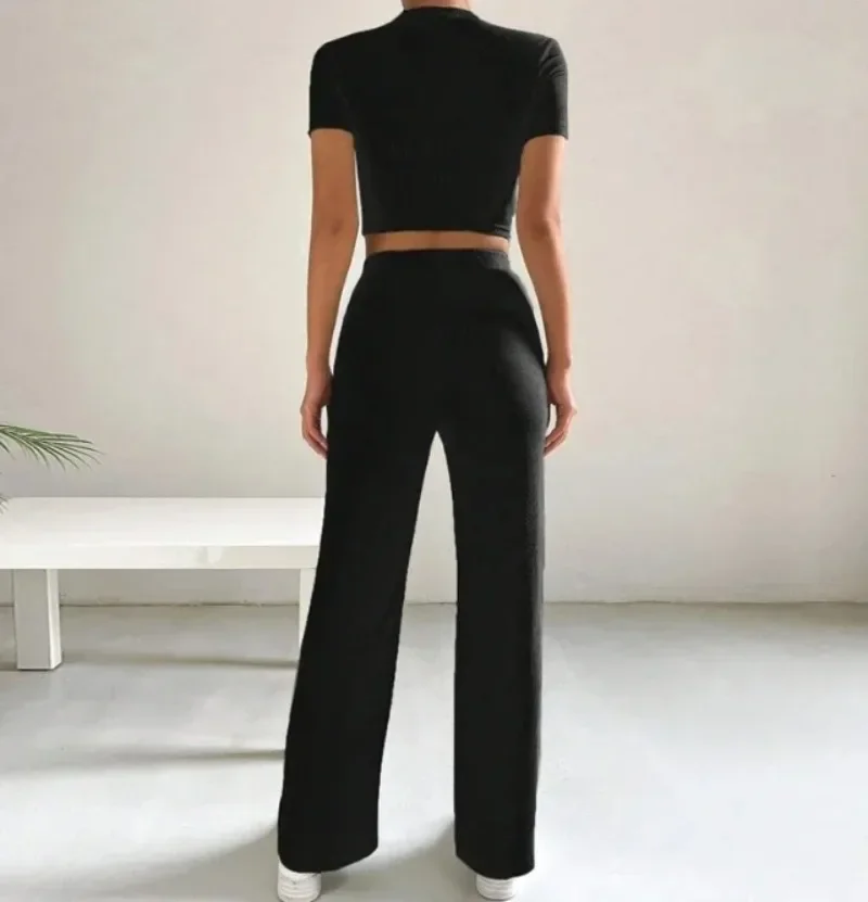 Two Piece Set for Woman Elegant Autumn New Fashion Fit Knitted Short Sleeves Top and High Waist Casual Wide Leg Pants Set YSQ34
