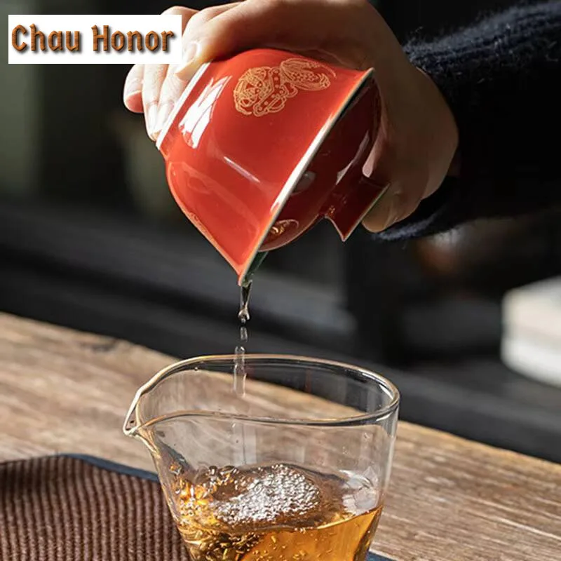 90ml Japanese Style Red Glaze Hot Stamping Hydrangea Ceramic Sancai Covered Bowl Tea Cup Household Kung Fu Teaset Drinkware Gift