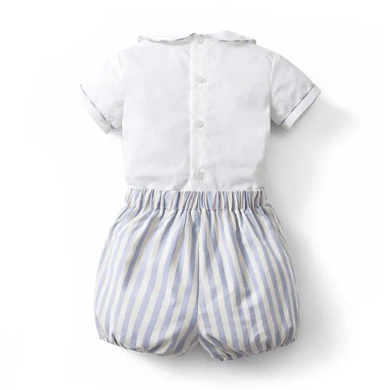 Cekcya Baby Boy Hand Made Smocking Suit Children Summer Embroidery Shirt Striped Cotton Shorts Boys Spanish Smocked Clothes Set