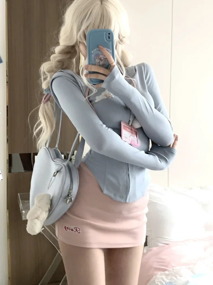 Two Pieces Set Slim Waist Tunic Women Hoody Long Sleeve Zipper Cropped Coat Y2k Aesthetic Fashion All Match Solid Fairy Skirts