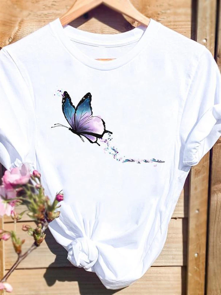 

Lovely Summer T-shirts Women Print Butterfly Flower Cute Fashion Casual Short Sleeve Female Graphic Tee Polyester Clothes Ladies