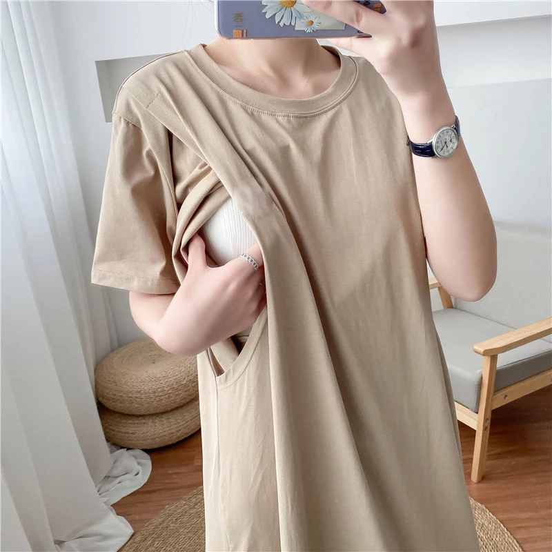 Maternity Simple Pure Color Breastfeeding Dress Long Skirt Short Sleeve Cotton Maternity Dresses Pregnant Women Clothes Tops 4 S323bc4fd68d5486983278b785cd65feeE