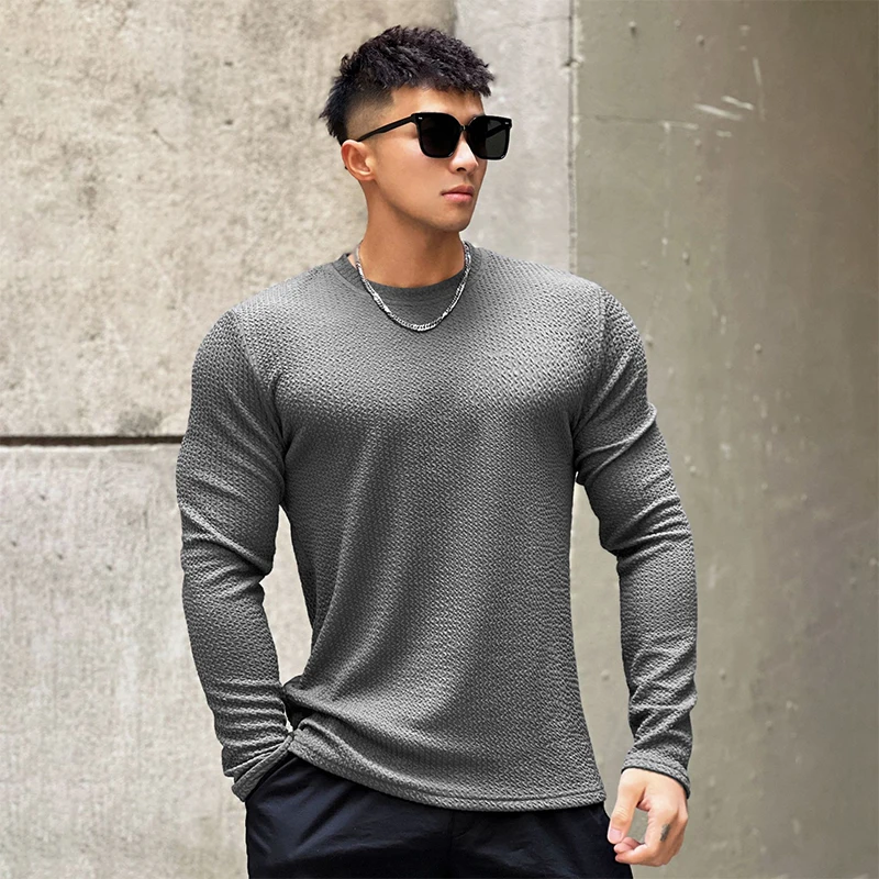 

Spring Autumn Fashion Knitting Long Sleeves Men's T-Shirts Muscle Fitness Clothes Men's Fashion Casual Sports Pullover