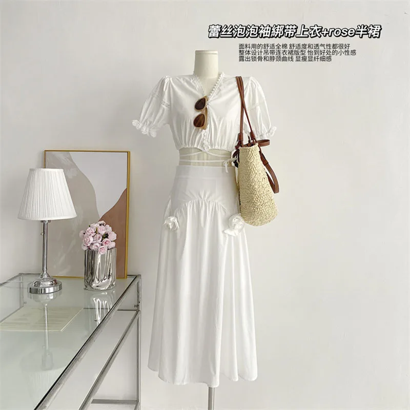 

Vintage Summer 2 Two Piece Set Women Skirt and Tops Korean Style Short Sleeve Top + High Waist Skirt Suits Ensemble Femme