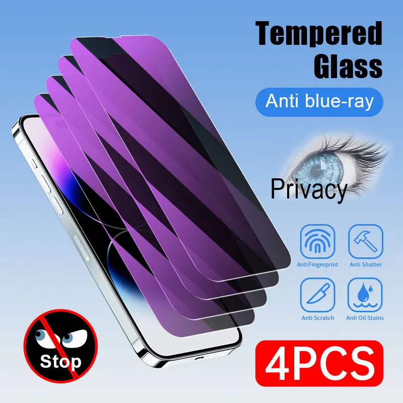

4pcs 9D Anti blue Light Privacy glass for iPhone 15 plus 12 mini 13 14 X XR XS MAX 11 pro max protective film screen protector