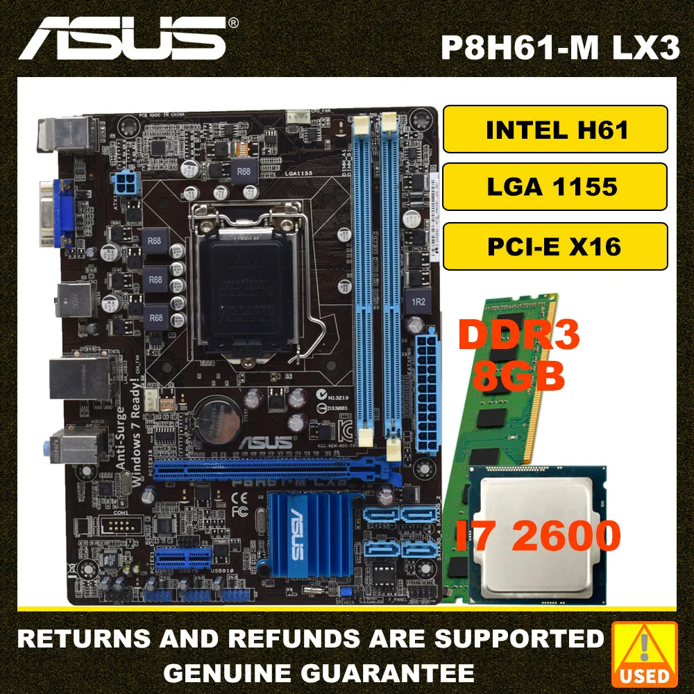 Asus Cpu Memory Motherboard Kit With P8h61m Lx3 I7 2600 Ddr3 8gb Lga 1155 Set Pcie 2.0 Intel
