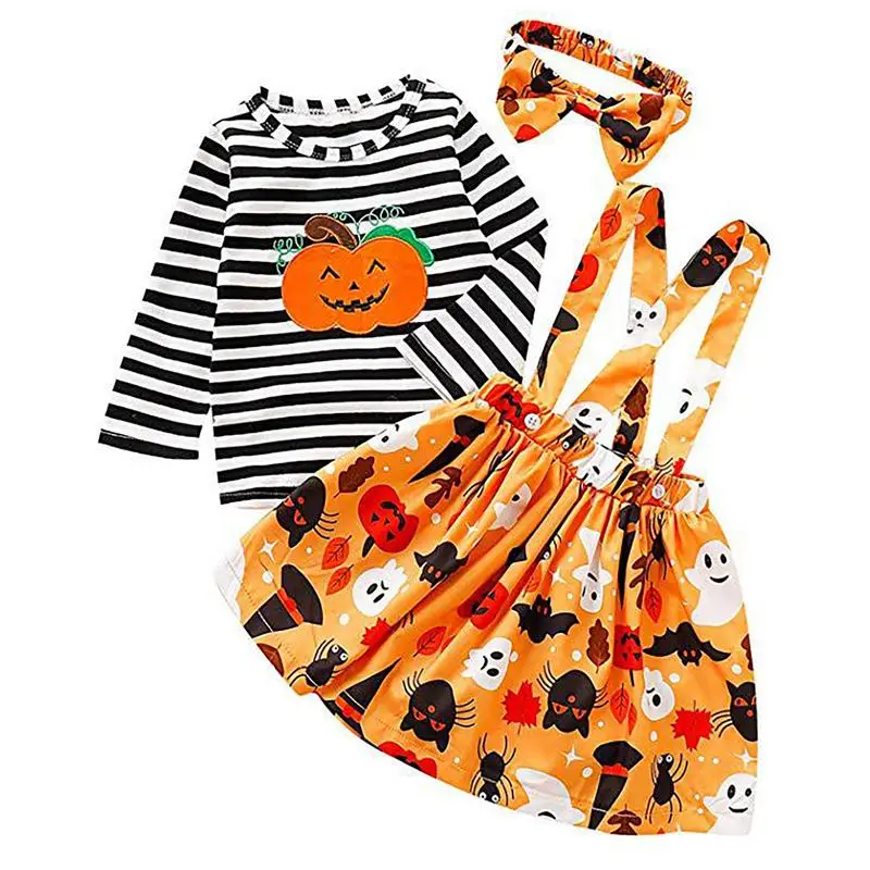 

Newborn Baby Girl Halloween Costume Baby Girls Halloween Outfits Striped Long Sleeve Top Pumpkin Bat Ghost Skirt Suspender Skirt