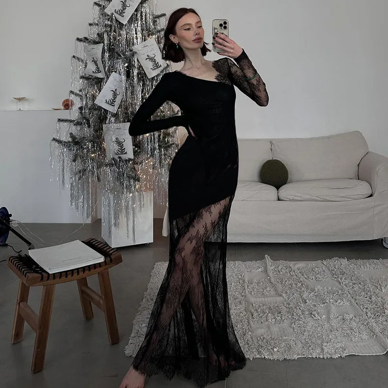 Printed See-Through Black Maxi Dress Women High Waist Lace Slim Mesh Patchwork Sexy Long Dress Party Looks Female Dress