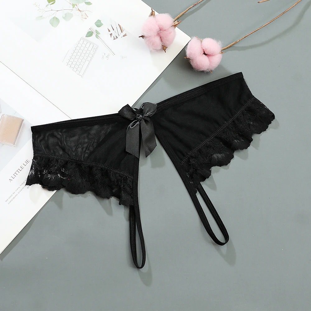 

Sexy Lingerie Women's Panties Crotch Opening Transparent G-strings Thongs Solid Bowknot Underwear for Ladies Women Lace Pantys
