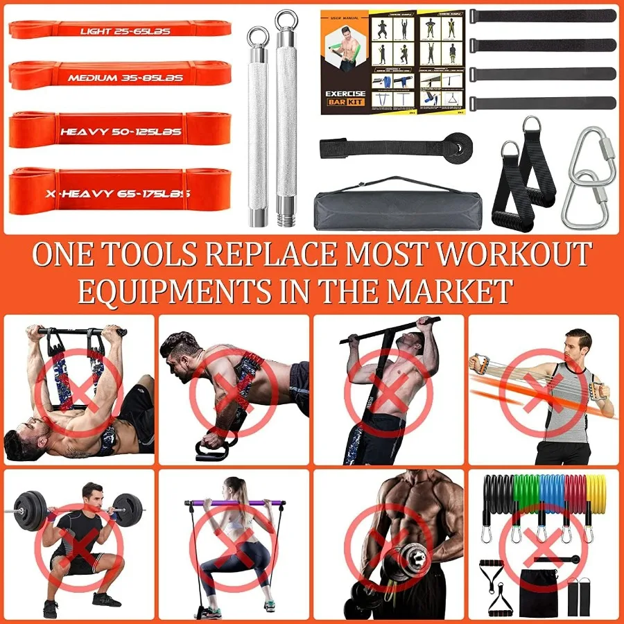 75CM/29.5” Length Resistance Band Bar Set for Home Gym, 500LB Total Resistance with Longer Bar & 4 Stackable Bands, Detachable f