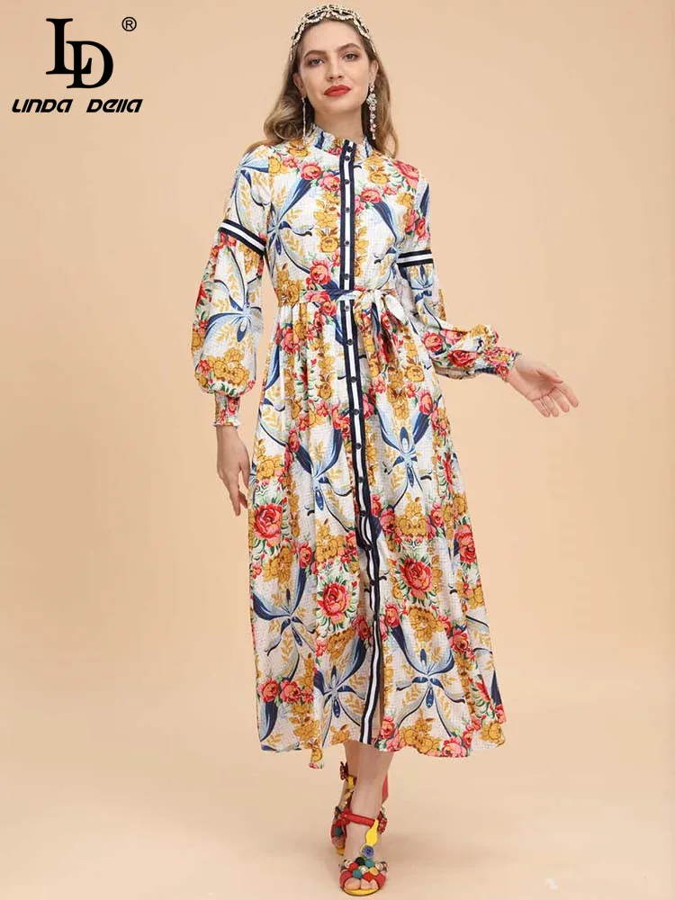 

Женское свободное платье LD LINDA DELLA, однобортное платье с рукавами-фонариками и поясом, винтажное длинное платье с цветочным принтом на осень