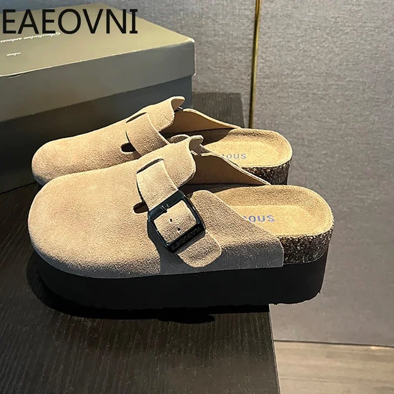 Women's Suede Mules Slippers Platform Flats Boston Clogs Sandals Fashion Outdoor Slip On Beach Sandalias